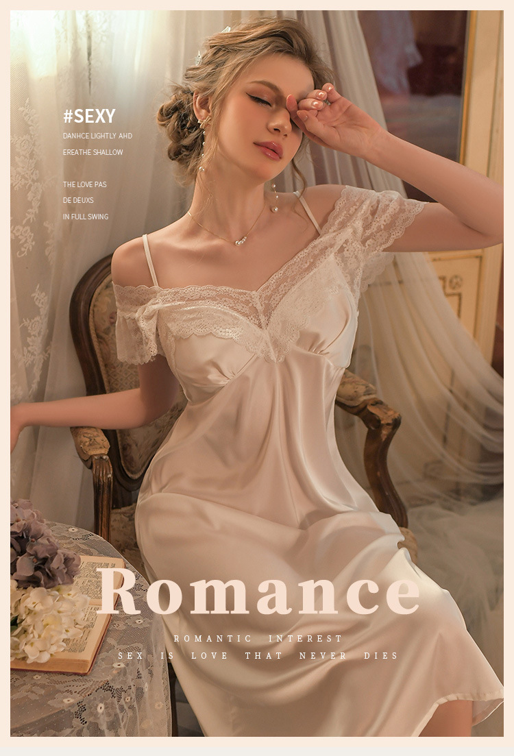 法式性感高檔蕾絲長款睡裙